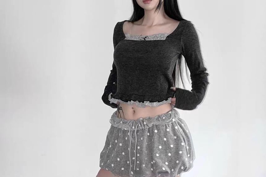Micro Dot Frill Trim Square Neck Crop Tee