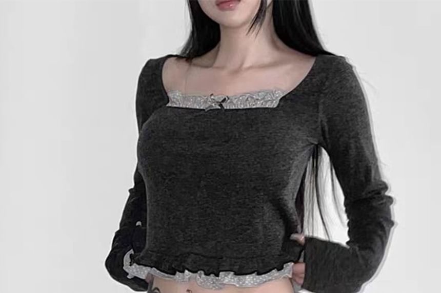 Micro Dot Frill Trim Square Neck Crop Tee