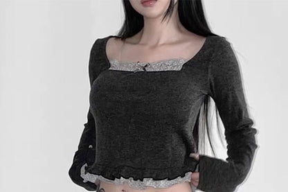 Micro Dot Frill Trim Square Neck Crop Tee