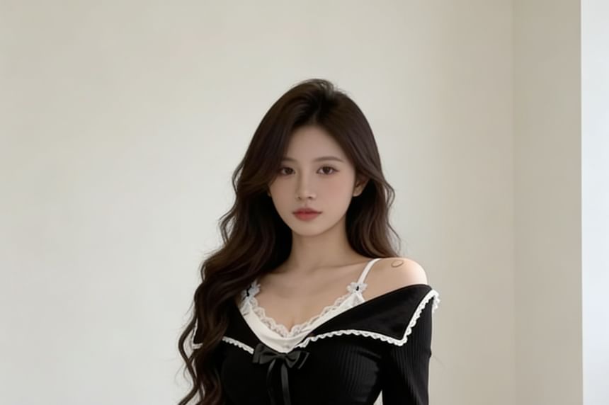 Two-Tone Long Sleeve Top with Lace Trim Faux Layer