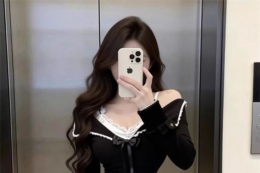 Two-Tone Long Sleeve Top with Lace Trim Faux Layer