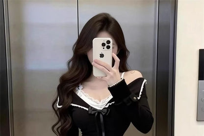 Two-Tone Long Sleeve Top with Lace Trim Faux Layer