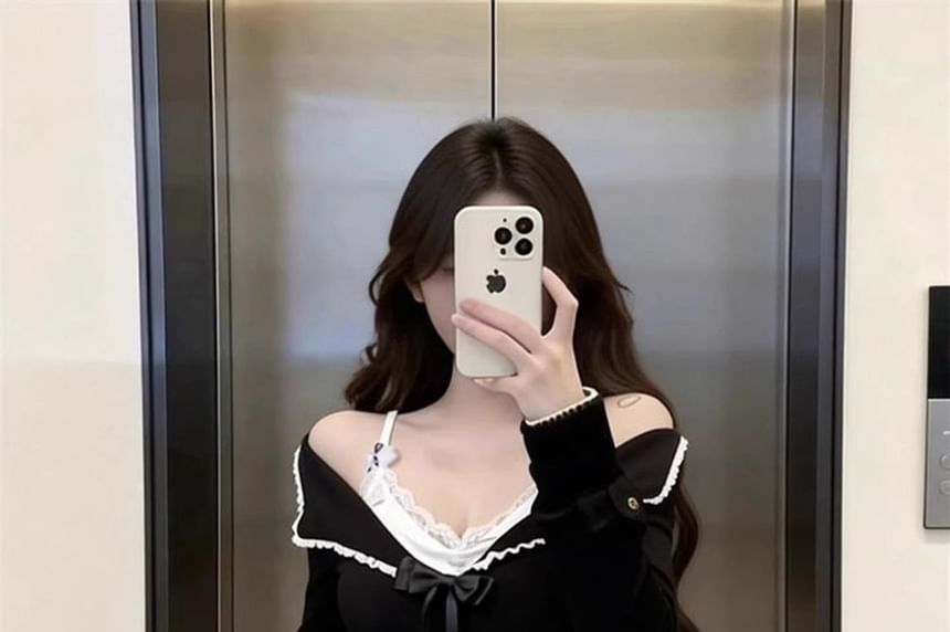 Two-Tone Long Sleeve Top with Lace Trim Faux Layer