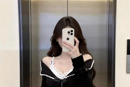 Two-Tone Long Sleeve Top with Lace Trim Faux Layer