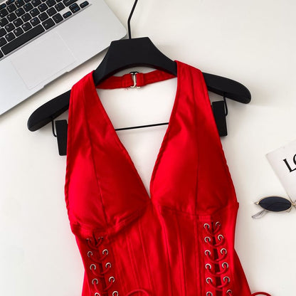 Halter V-Neck Lace Up Camisole Top