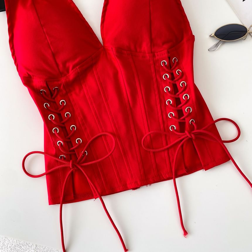 Halter V-Neck Lace Up Camisole Top