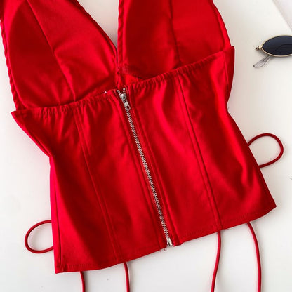 Halter V-Neck Lace Up Camisole Top