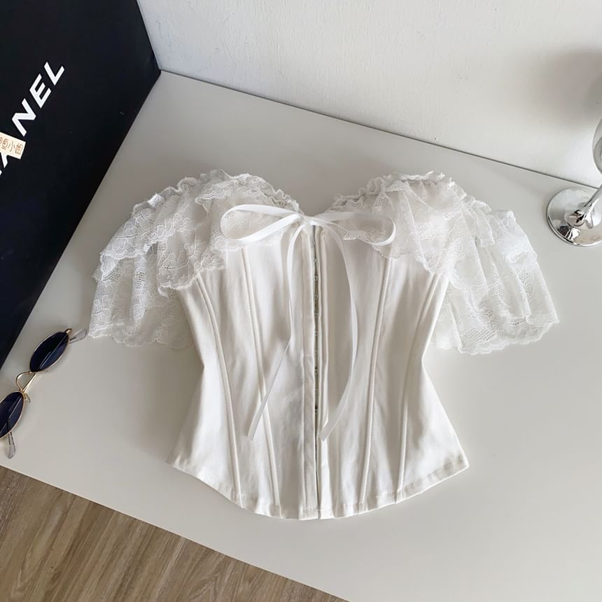 Short-Sleeve Off Shoulder Lace Panel Bustier Top