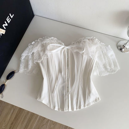 Short-Sleeve Off Shoulder Lace Panel Bustier Top