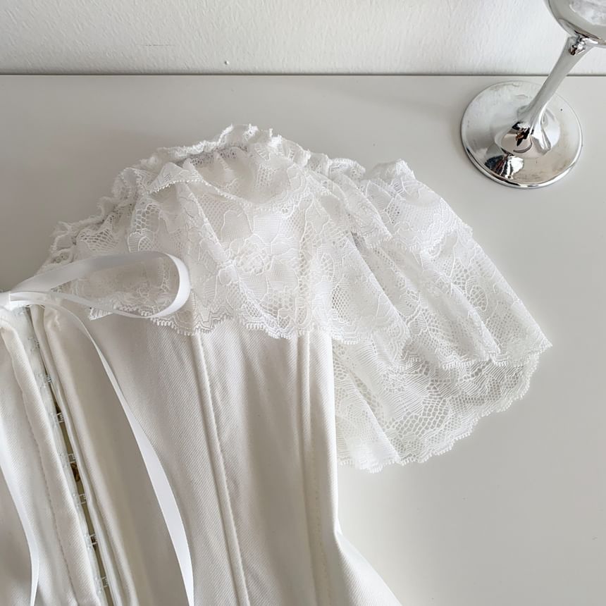 Short-Sleeve Off Shoulder Lace Panel Bustier Top