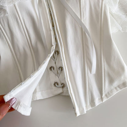 Short-Sleeve Off Shoulder Lace Panel Bustier Top