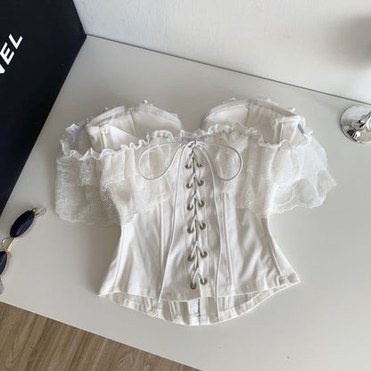 Short-Sleeve Off Shoulder Lace Panel Bustier Top