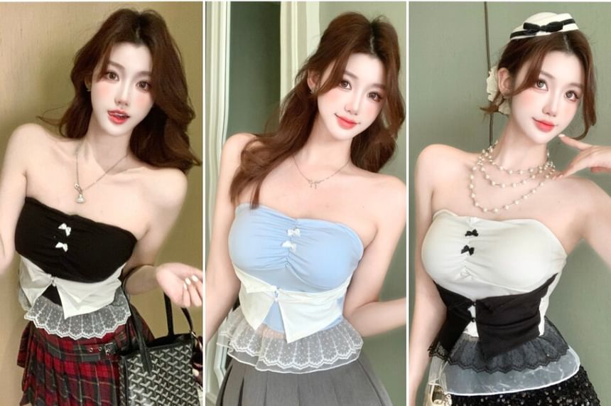 Strapless Two Tone Lace Hem Top
