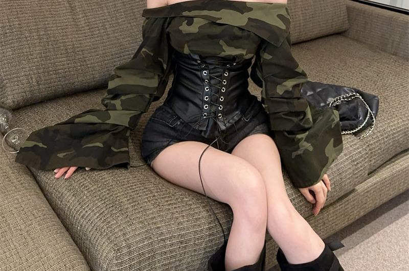 Off-Shoulder Camo Print Lace-Up Crop Top