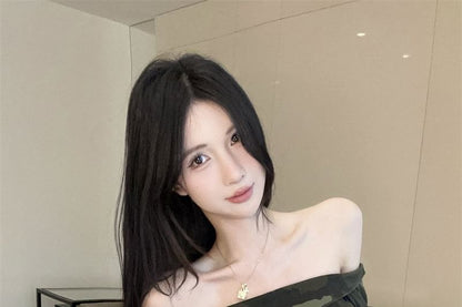Off-Shoulder Camo Print Lace-Up Crop Top