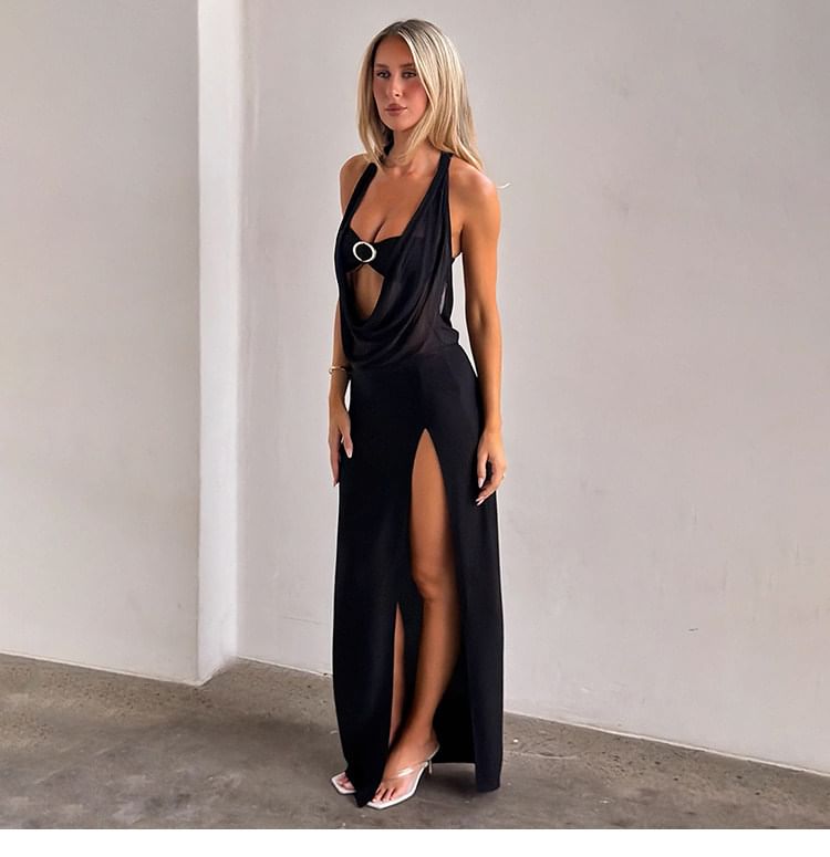 Halter Neck Cowl Neck Plain Slit Maxi Party Dress