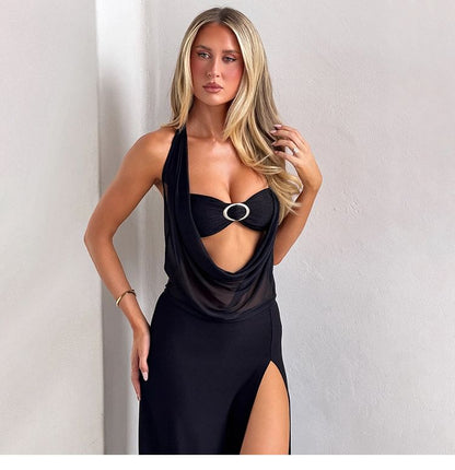 Halter Neck Cowl Neck Plain Slit Maxi Party Dress