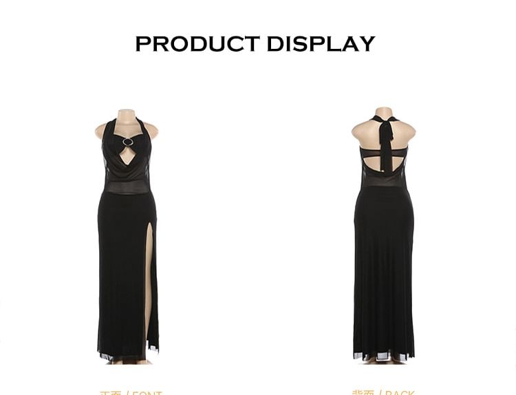 Halter Neck Cowl Neck Plain Slit Maxi Party Dress