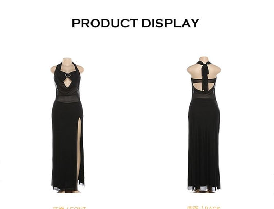 Halter Neck Cowl Neck Plain Slit Maxi Party Dress