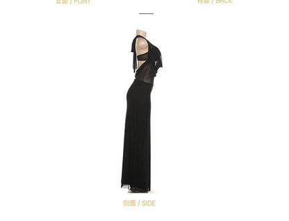 Halter Neck Cowl Neck Plain Slit Maxi Party Dress