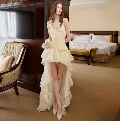 Halter V-Neck Plain Ruched Dip Back Cocktail Dress