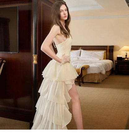 Halter V-Neck Plain Ruched Dip Back Cocktail Dress