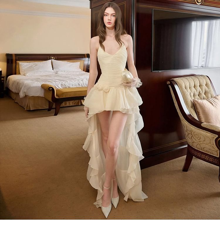 Halter V-Neck Plain Ruched Dip Back Cocktail Dress