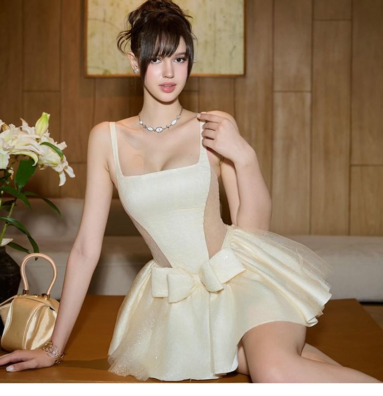 Spaghetti Strap Square Neck Plain Bow Mini Cocktail Dress