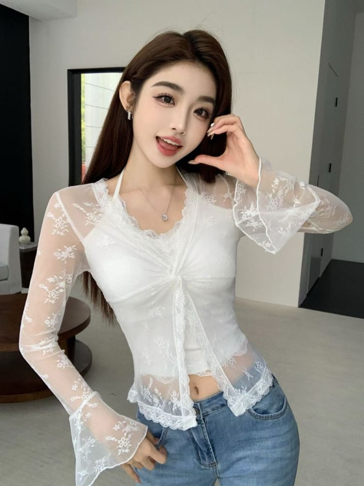 Flared Cuff V Neck Knotted Lace Blouse