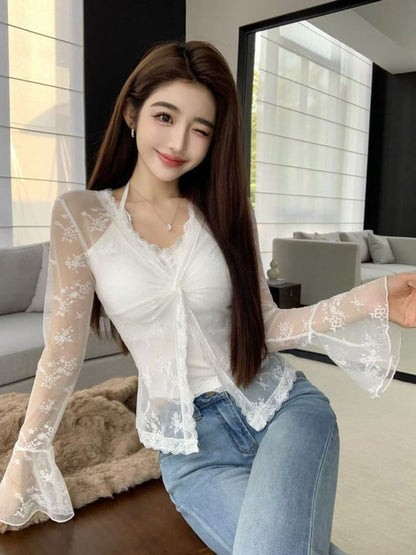 Flared Cuff V Neck Knotted Lace Blouse