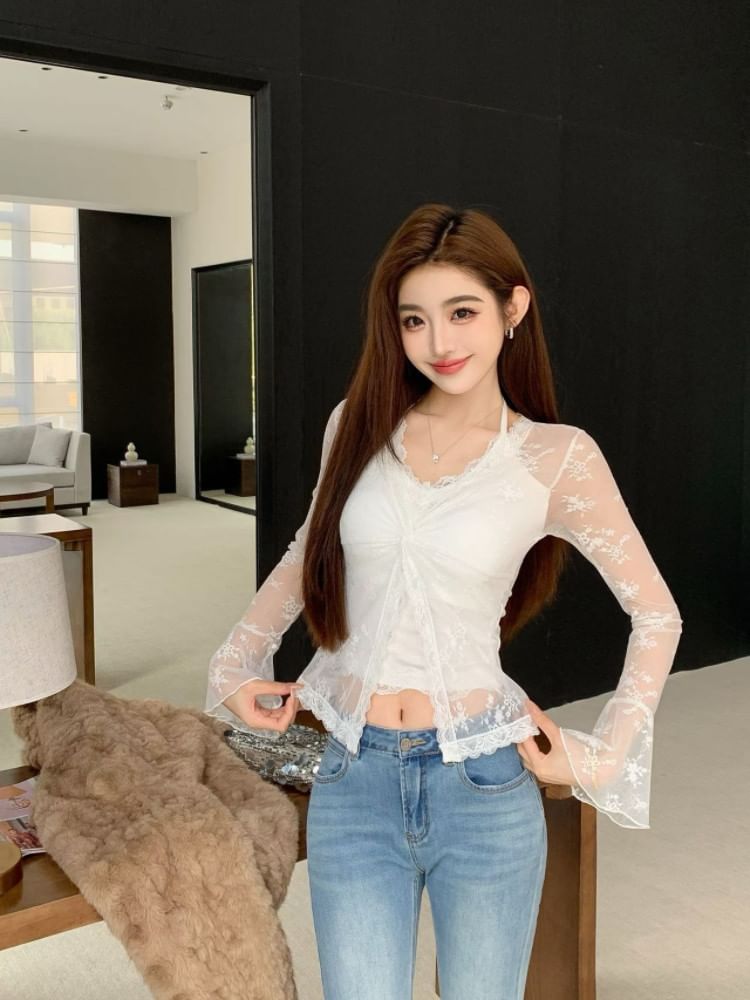 Flared Cuff V Neck Knotted Lace Blouse