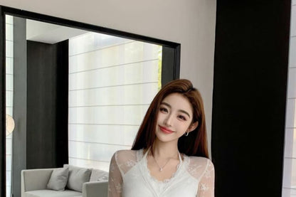 Flared Cuff V Neck Knotted Lace Blouse