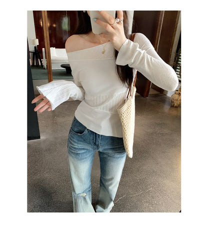 One Shoulder Lace Panel Long Sleeve Top