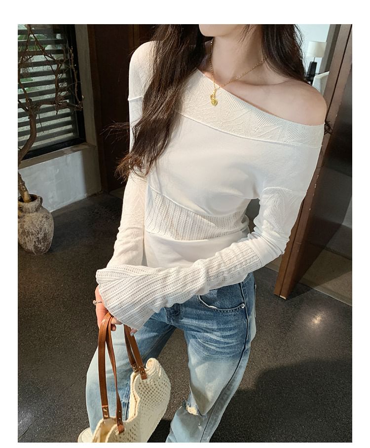 One Shoulder Lace Panel Long Sleeve Top