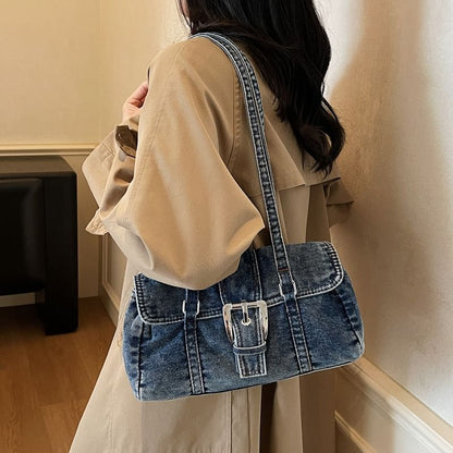 Washed Flap Buckled Denim Shoulder Bag