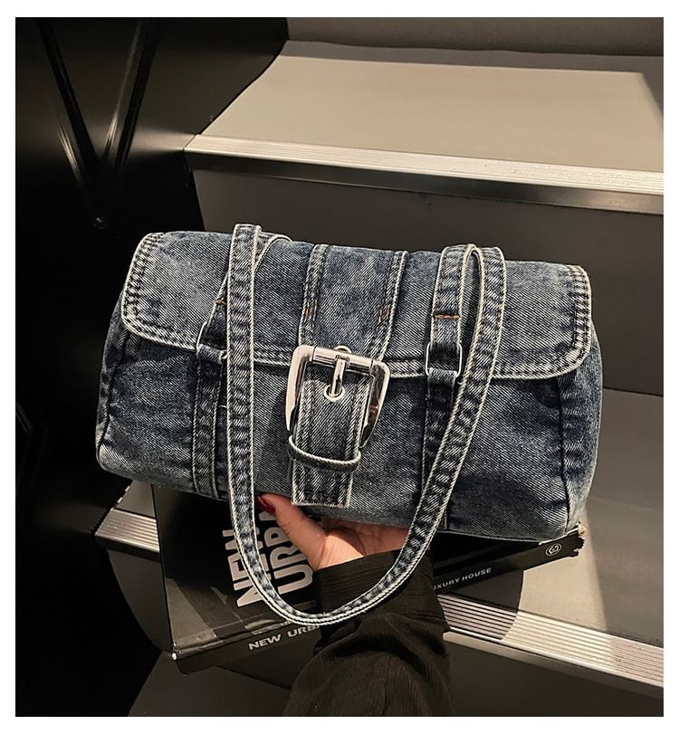 Washed Flap Buckled Denim Shoulder Bag