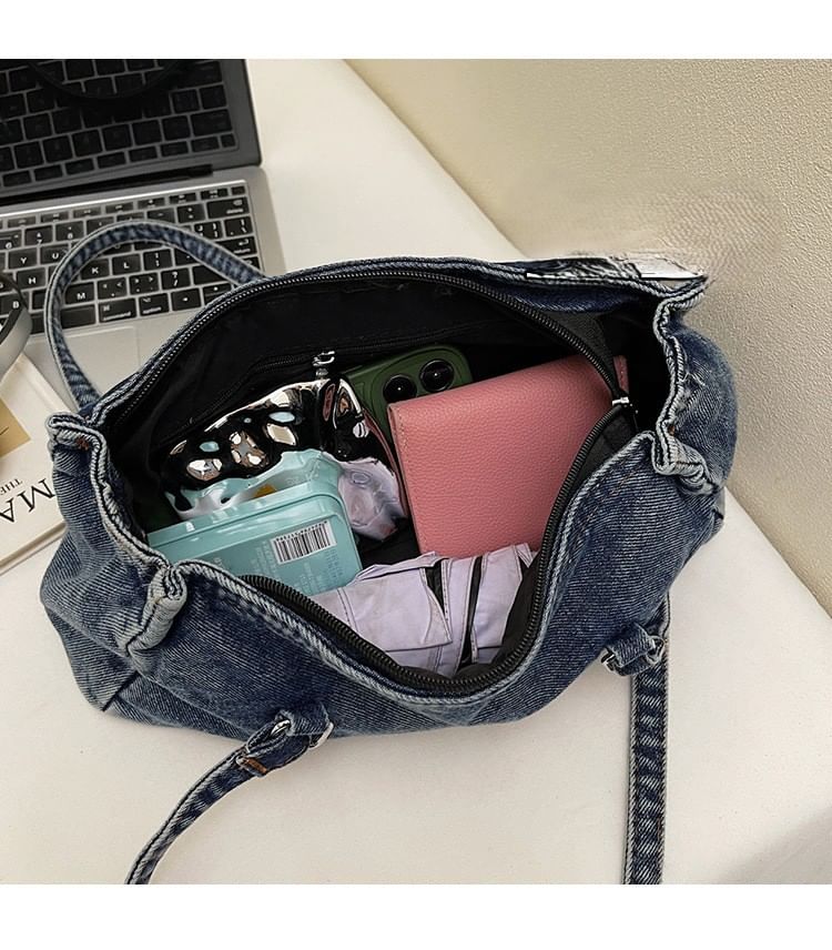 Washed Flap Buckled Denim Shoulder Bag