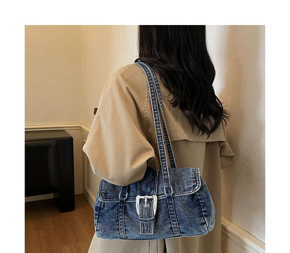 Washed Flap Buckled Denim Shoulder Bag