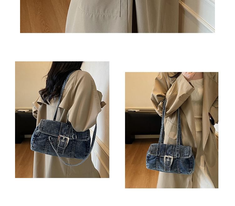 Washed Flap Buckled Denim Shoulder Bag