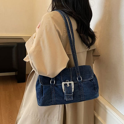 Washed Flap Buckled Denim Shoulder Bag