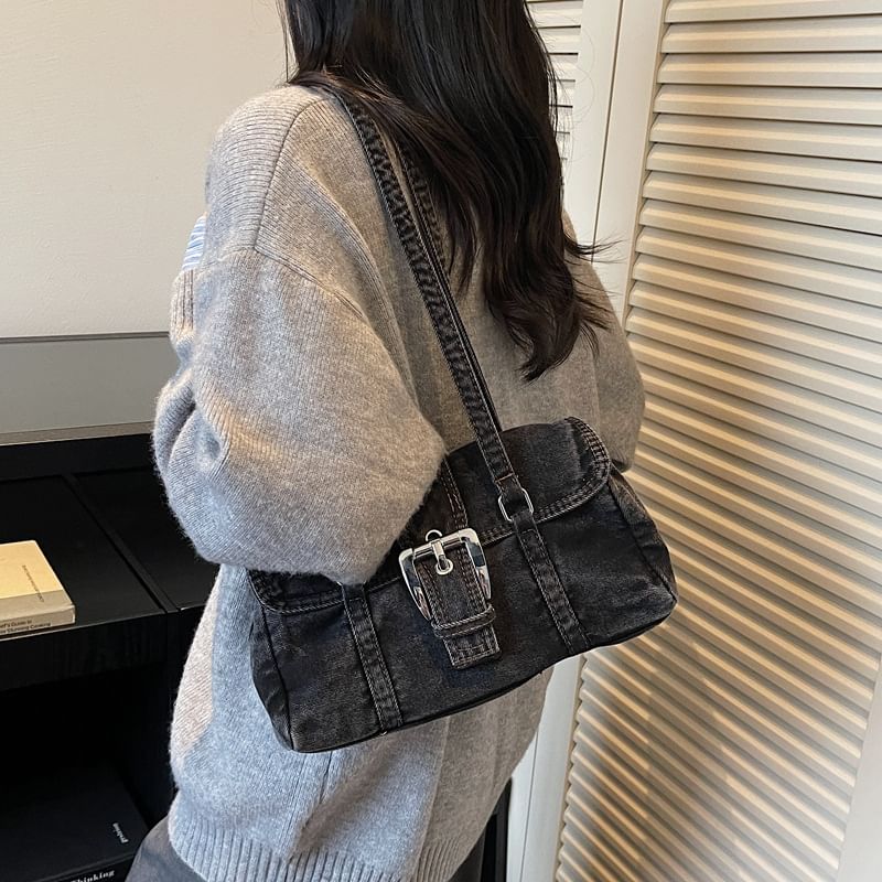 Washed Flap Buckled Denim Shoulder Bag
