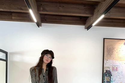 Button-Up Cable Knit Cardigan / High Waist Plaid Ruffled Midi A-Line Skirt