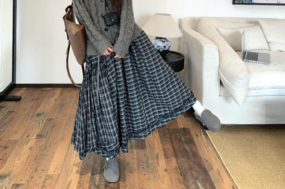 Button-Up Cable Knit Cardigan / High Waist Plaid Ruffled Midi A-Line Skirt