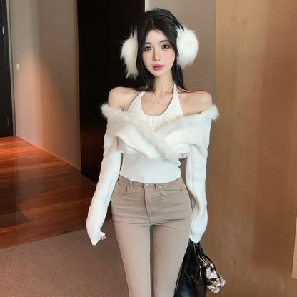 Cozy Two-Piece Knit Top with Sheer Shoulders and Furry Trim