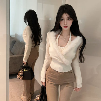 Cozy Two-Piece Knit Top with Sheer Shoulders and Furry Trim
