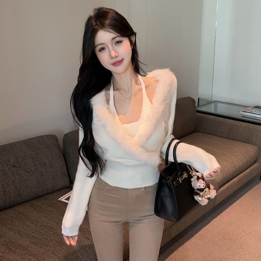 Cozy Two-Piece Knit Top with Sheer Shoulders and Furry Trim