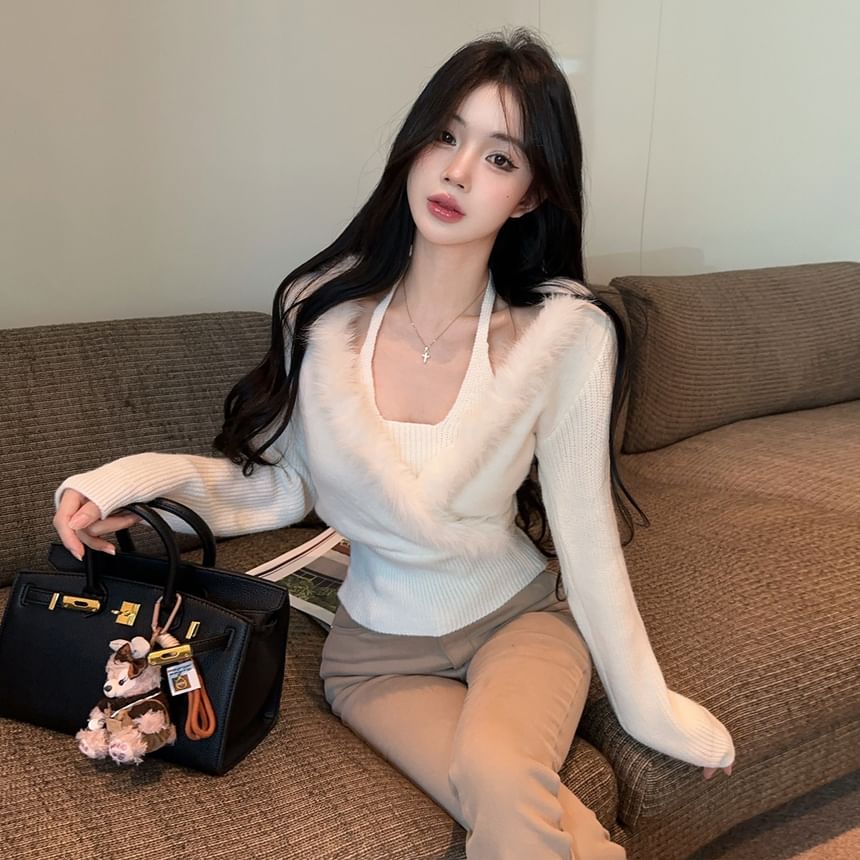 Cozy Two-Piece Knit Top with Sheer Shoulders and Furry Trim