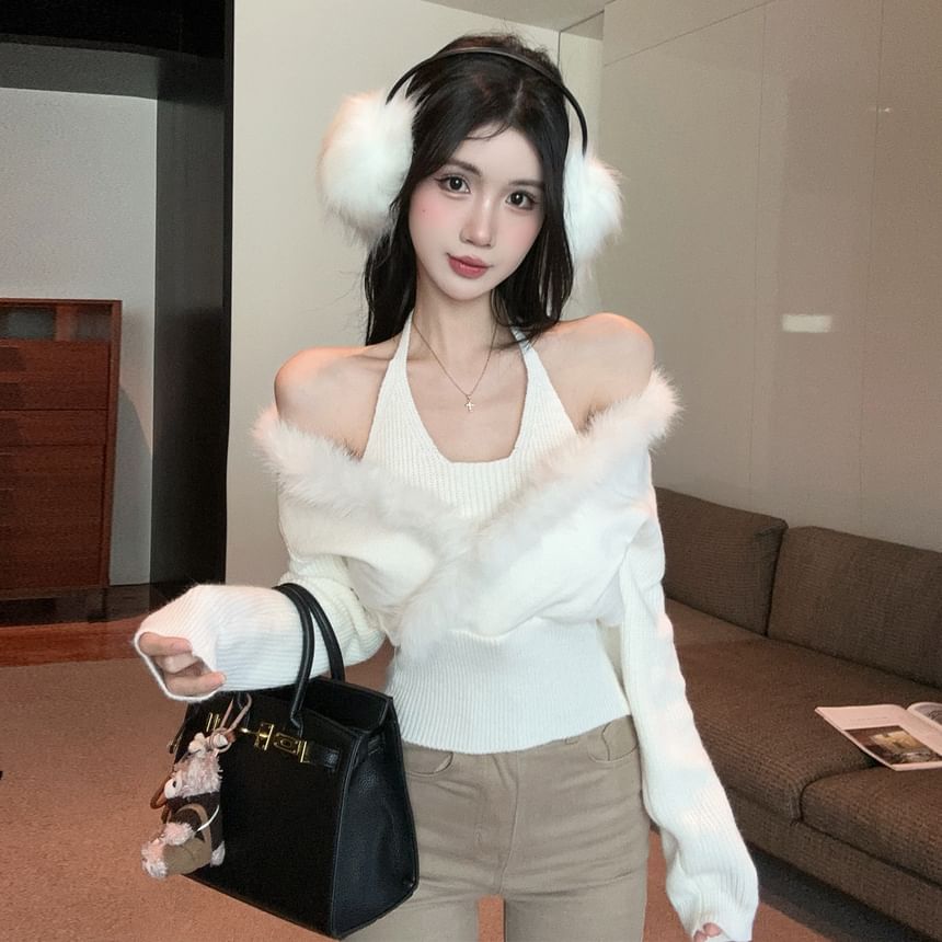 Cozy Two-Piece Knit Top with Sheer Shoulders and Furry Trim