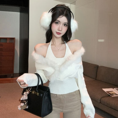 Cozy Two-Piece Knit Top with Sheer Shoulders and Furry Trim