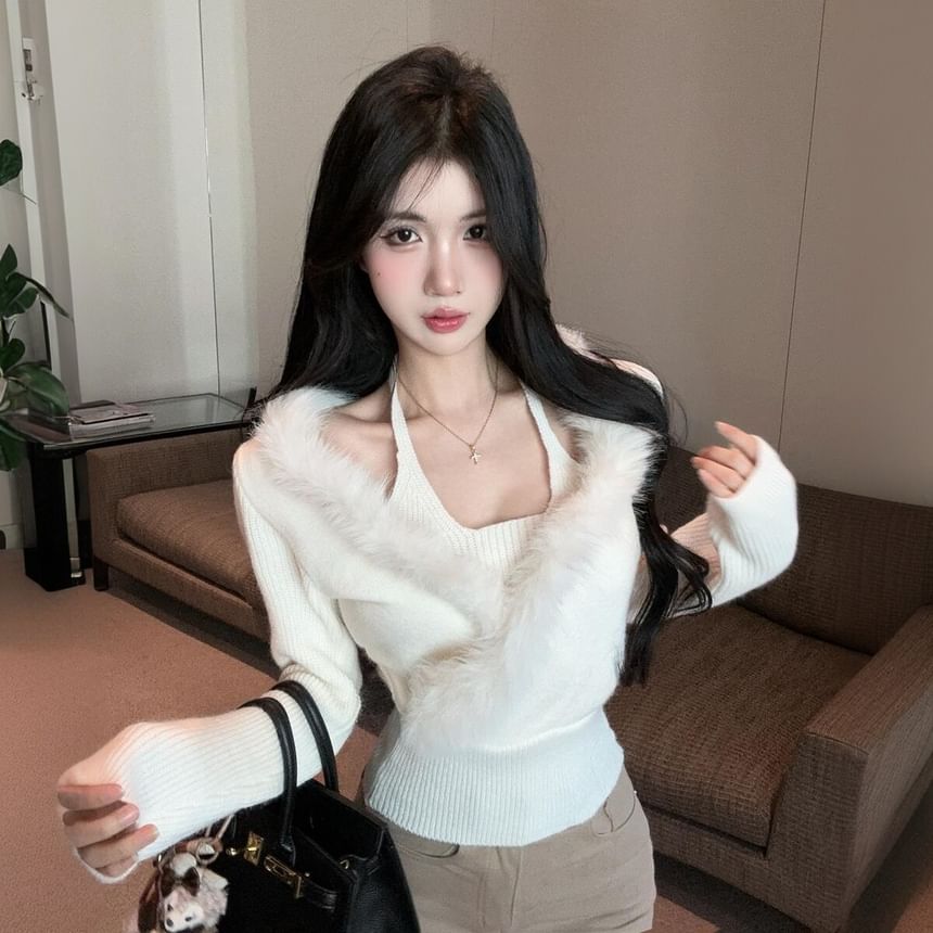 Cozy Two-Piece Knit Top with Sheer Shoulders and Furry Trim